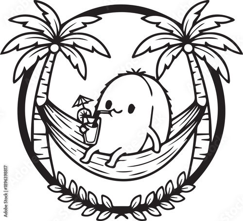 Relaxing Coconut Mascot Cute Black and White Circular Emblem of a Coconut Character Drinking a Cocktail in a Hammock Between Palm Trees