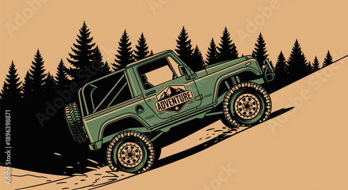 Green Off Road Vehicle Climbing Steep Hill.