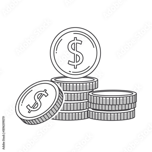 Golden dollar coins stacked in piles with visible dollar signs emphasizing wealth finance and prosperity in a minimalist isolated style