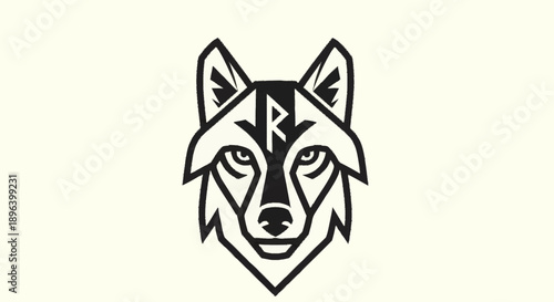 Stylized Wolf Head with Norse Runes and Geometric Design.