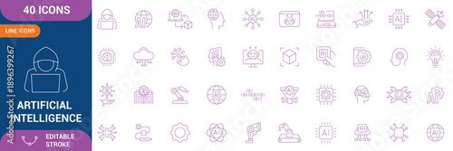 Artificial Intelligence icon set. Machine learning, neural network, deep learning, robotics, automation, data science, algorithm, chat bot, smart technology. Editable vactor