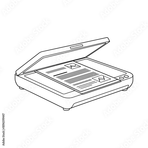 Open flatbed scanner capturing a document in a modern office setting showcasing technology in a clean minimalist workspace