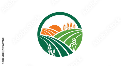 Green Rolling Hills Farm Landscape with Sunrise and Crops.