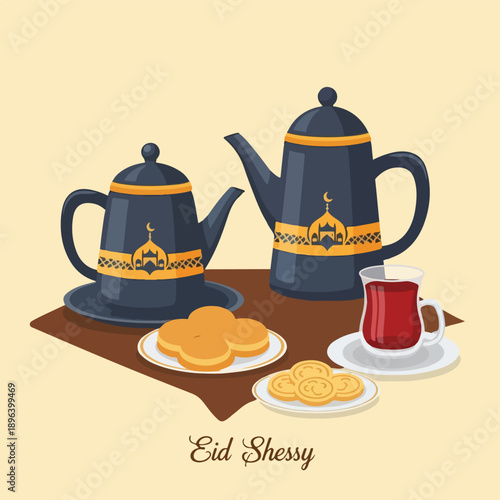 Traditional eid celebration with cookies and tea on a table