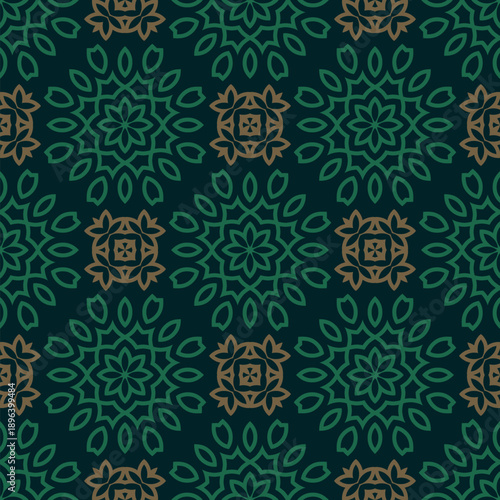 Vector seamless pattern with Islamic ornament. Elegant oriental background with shapes, arabesque flowers, leaves. Dark green and gold color texture. Repeating luxury ethnic decorative design