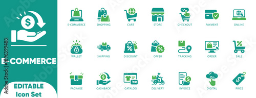 E-commerce solid Icon Set.online,shopping,store,retail,cart,payment,checkout,and editable icons.

