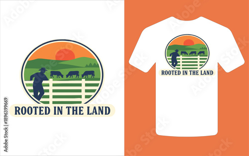 A white t shirt mockup displays a rural scene with a farmer and cattle design