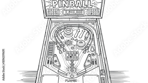 Line art of a classic pinball machine featuring flippers, bumpers, and a detailed playfield. The score reads 2,845,000. The style is nostalgic and playful.