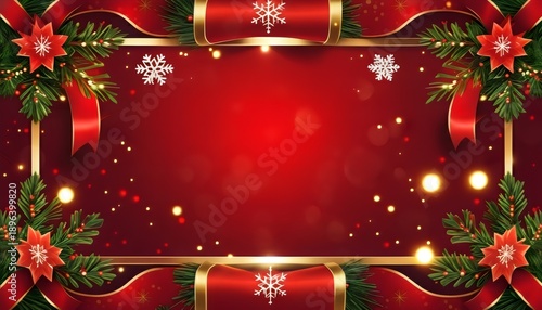 Luxury Christmas Red Background with Ribbon, Pine Branches, and Snowflakes