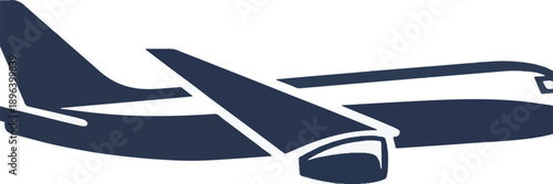 Dark blue silhouette of an airplane in flight on white background aircraft travel