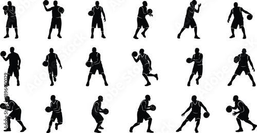 basketball player players silhouette action sport athlete dribble pass shoot motion black vector set