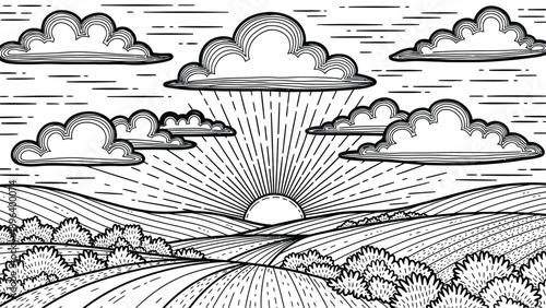 Black and white illustration of a sun rising over rolling hills, with detailed clouds and sun rays. The scene is serene and evokes a sense of calm.