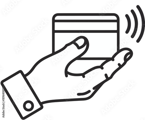 Line art icon of a hand holding a credit card with contactless payment waves transaction