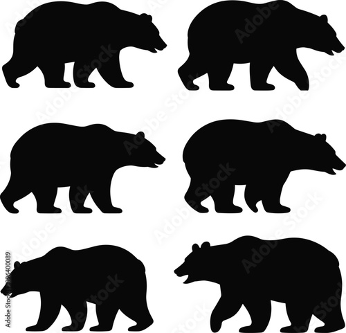 Bear silhouettes set illustration featuring multiple walking poses, wild forest mammals collection, black animal vector icons isolated on white background