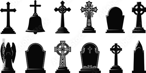 cemetery gravestone cross tombstone memorial death religion gothic silhouette monument funeral vector set