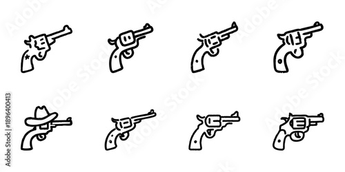 Revolver Gun Line Icon Set In Doodle Style. Vintage Firearm, Western Cowboy Theme, And Weaponry Collection Outline Sketch. Hand Drawn Isolated Vector Illustration
