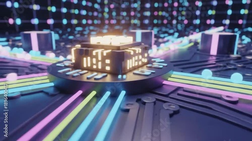 Abstract digital circuit board with connecting lines and data flow concept