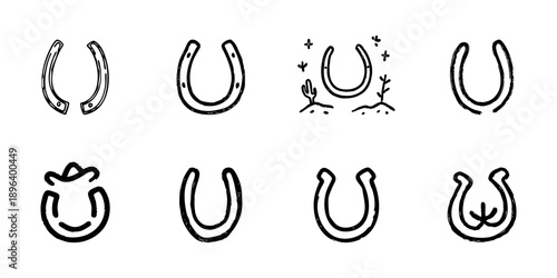 Horseshoe Line Icon Set In Doodle Style. Luck, Protection, And Western Culture Symbols Outline Sketch Collection. Rustic Charm And Good Fortune. Hand Drawn Isolated Vector Illustration