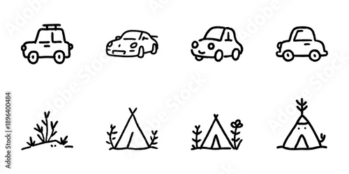 Car And Tent Line Icon Set In Doodle Style. Travel, Camping, And Outdoor Adventure Outline Sketch Collection. Hand Drawn Isolated Vector Illustration