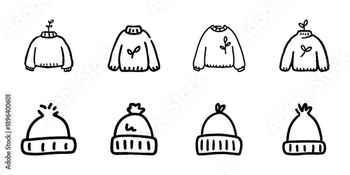 Sweaters And Beanies Line Icon Set In Doodle Style. Winter Clothing, Fashion Accessories, And Seasonal Apparel Outline Sketch Collection. Hand Drawn Isolated Vector Illustration