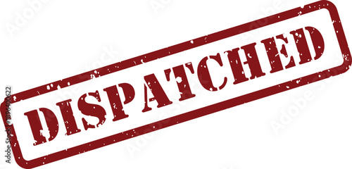 Striking red grunge rubber stamp displaying the action word dispatched on a clean white surface