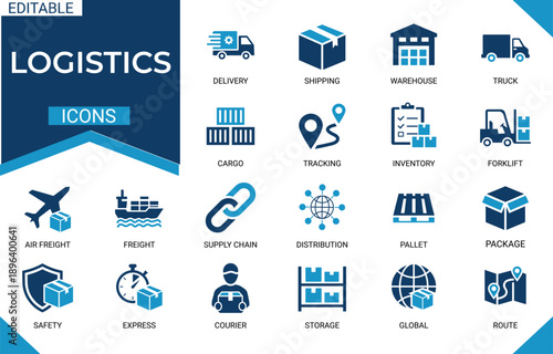 Logistics solid icon set featuring delivery, shipping, warehouse, truck, cargo, tracking, inventory, forklift, package, pallet editable soild vector icons collection