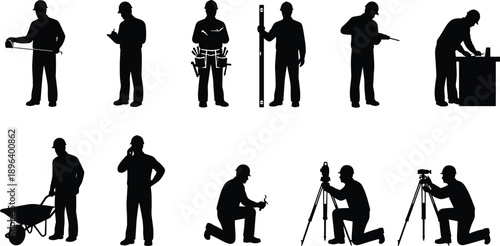 construction, worker, silhouette, labor, tools, site, engineer, survey, teamwork, wrench, wheelbarrow, clipboard, helmet, manual, industrial, construction 