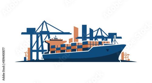 Large cargo ship docked at port with cranes loading containers.