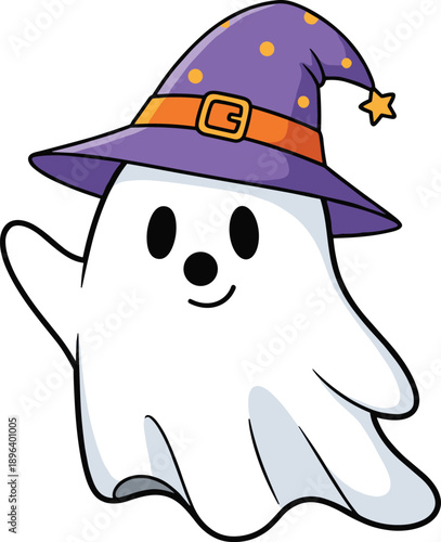 cute ghost halloween cartoon character spooky witch hat smiling fantasy illustration vector mascot