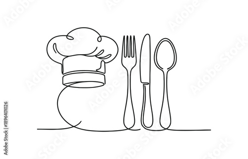 Chef hat set, One single line drawing of cap for restaurant vector.