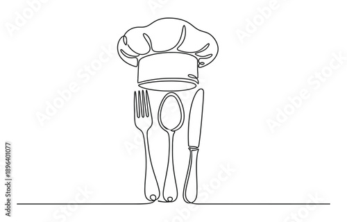 Chef hat set, One single line drawing of cap for restaurant vector.