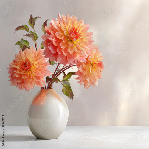 Wallpaper Mural Coral and peach dahlia flowers in modern white ceramic vase on neutral gradient background Torontodigital.ca