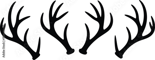Deer antler silhouettes set illustration featuring wild stag horns, hunting trophy design, forest wildlife symbol, black vector icons isolated background