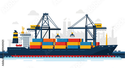 Large cargo ship with colorful containers being loaded by cranes.