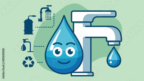 Vector illustration of a cartoon water droplet character with a faucet and recycling icons depicting water conservation