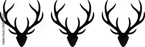 Deer head silhouettes set illustration with stag antlers, wildlife hunting trophy symbol, forest animal emblem, black vector icons isolated background