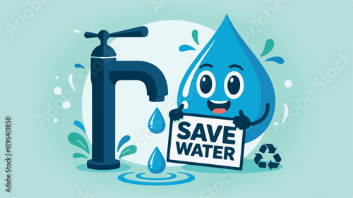 Vector illustration of a cartoon water droplet holding a save water sign near a faucet with recycling symbol