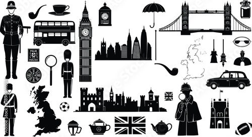 london england british landmark silhouette city travel culture symbol icon traditional vector illustration set