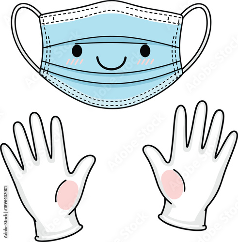 mask gloves medical safety hygiene protection healthcare cartoon illustration icon cute smiling