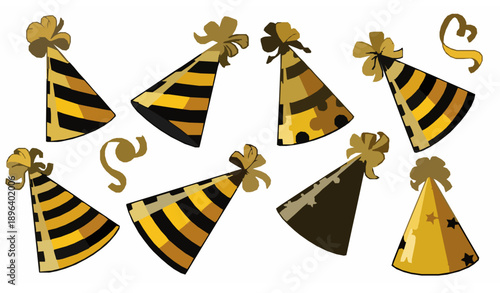 Funny cone-shaped birthday hats with gold and black decorations vector set