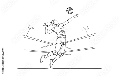 One continuous line drawing of young female professional volleyball player in action on court.
