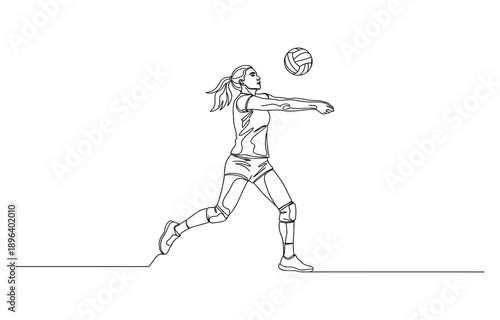 One continuous line drawing of young female professional volleyball player in action on court.