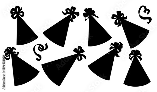 Funny cone-shaped birthday hats with gold and black decorations vector set