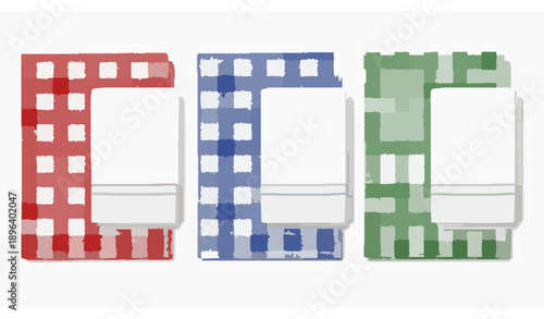 Top view 3D folded gingham tablecloths and white kitchen towels vector illustration