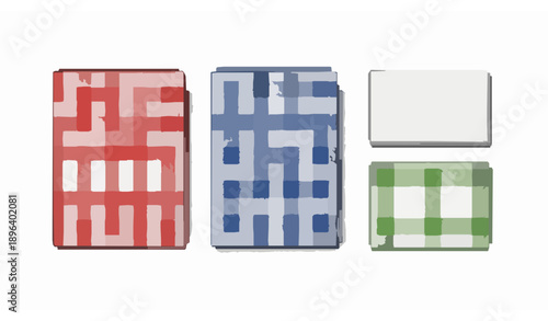 Realistic vector set of folded gingham tablecloths and white linen kitchen towels