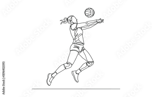 One continuous line drawing of young female professional volleyball player in action on court.