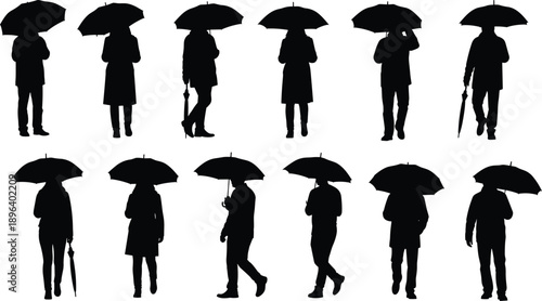 people umbrella silhouette rain walking standing weather protection city black vector collection set