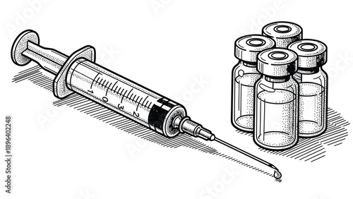 Illustration of a syringe with a needle lying beside four upright vials. The black-and-white drawing has a clean, medical, and precise tone.