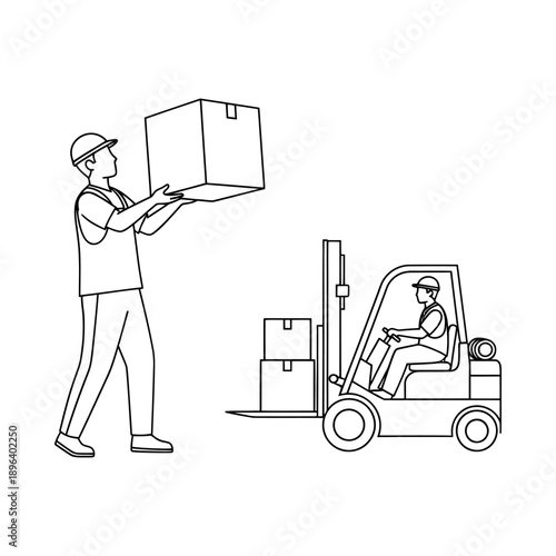 Worker in uniform carrying a large box near a forklift operator lifting stacked boxes in a warehouse setting