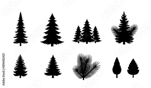 Flat fir and pine tree silhouettes for forest, mountain, and nature projects
